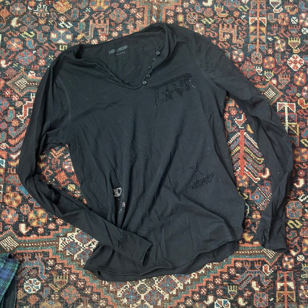 Zadig & Voltaire Jeweled Black Henley Longsleeve T-Shirt